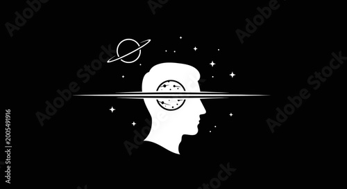 Tableau sur toile Cosmic Mind: Silhouette of a head filled with stars and planets, representing imagination and dreams
