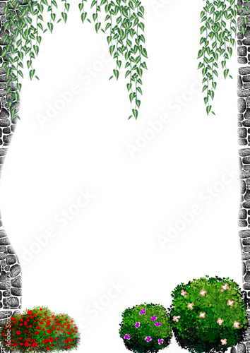 A decorative green leaf frame with floral and natural elements forming a vintage style border design