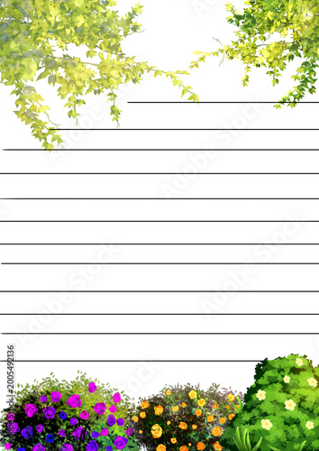 A decorative floral frame with green leaves and blossoms in a natural spring garden style