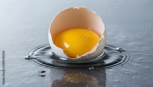 Cracked brown egg with bright yellow yolk floating on clear water surface