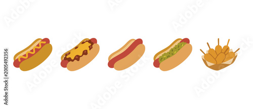 Photos Hot dog and corn dog collection, flat vector illustration of fast food snacks, m