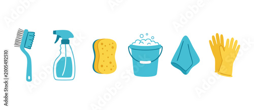 Cleaning supplies set with brush, spray bottle, sponge, bucket, cloth and rubber gloves for household chores and sanitizing tasks as a flat vector icon collection isolated on a white background.