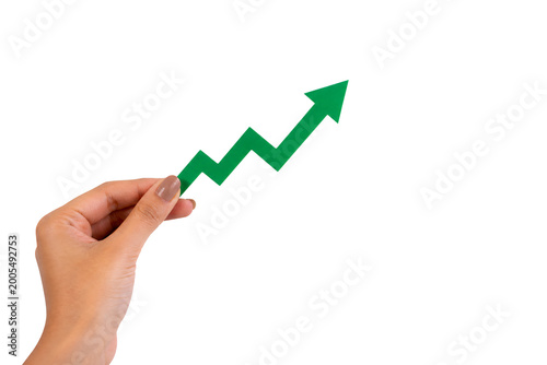 Female Hand Holding Upward Growth Arrow Isolated on White Background – Investment Growth, Financial Success and Business Profit Concept,Stock Market Growth, Financial Investment and Profit Increase 