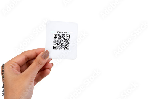 Female Hand Holding UPI QR Code Icon Isolated on White Background,UPI Transfer, Mobile Banking and Contactless Payment Concept,Online Payment, Scan and Pay, Digital Wallet and Fintech Technology 