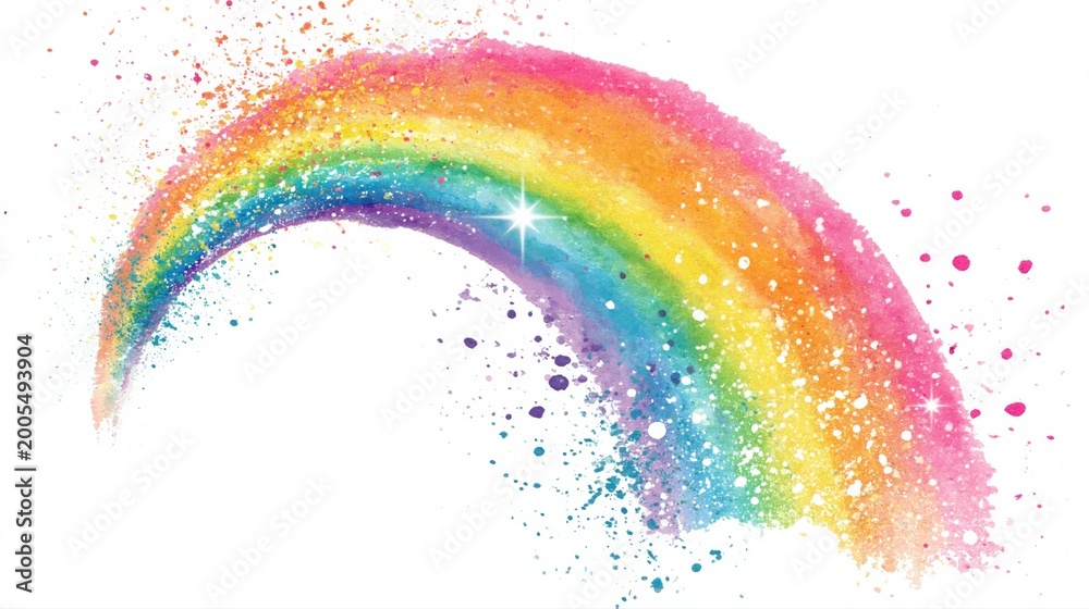Fototapeta premium Vibrant, Splashing Rainbow Arc with Glittering Sparkles, Watercolor Effect on White Background
