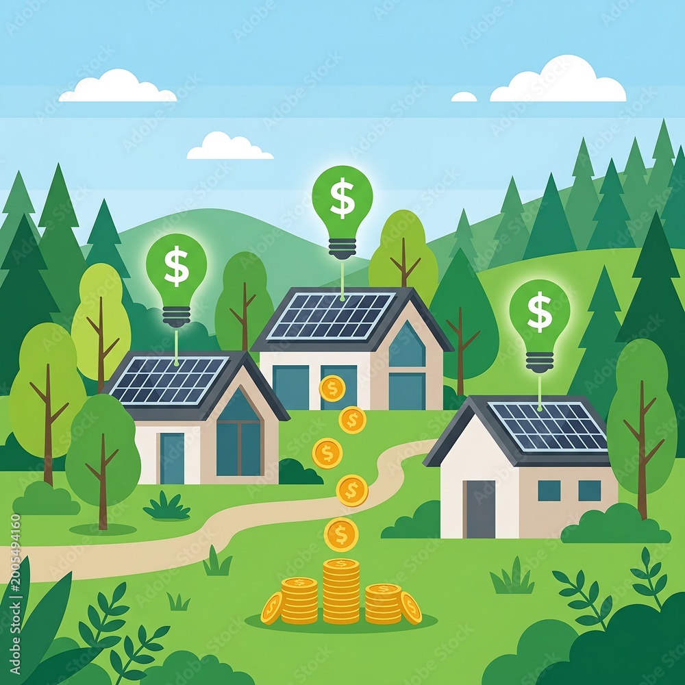 Naklejka premium Sustainable House Investment Concept with Solar Energy and Financial Growth Illustration
