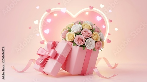 Romantic gift Mother's Day box with bouquet of roses and illuminated hearts for valentines day