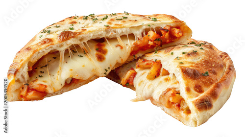 Cheesy Calzone Cut Open with Melted Mozzarella and Tomato Filling Isolated on Transparent Background