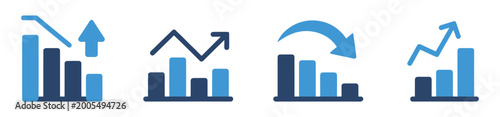 Tableau sur toile Set of four business data chart featuring blue bar graphs with directional arrow