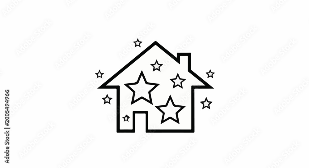 Fototapeta premium A stylized outline of a house is decorated with multiple stars inside and around it