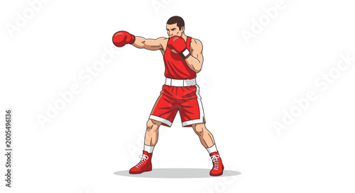 Photos Young boxer throwing a punch in a red uniform.