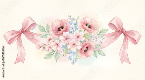 Watercolor illustration Mother's Day of delicate pink flowers with decorative bows on light background