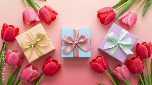 Gift boxes Mother's Day and tulips arranged on pink background for festive occasion