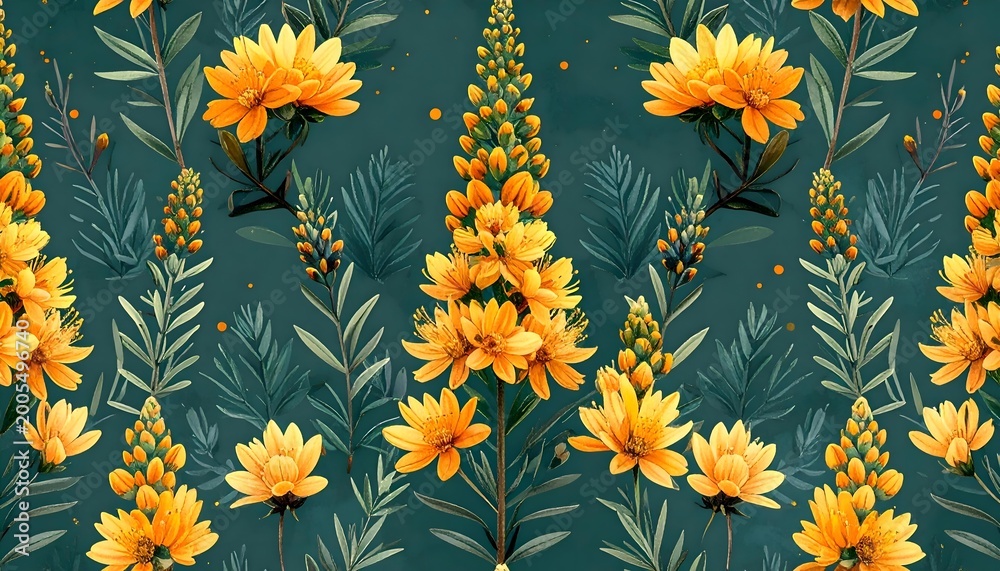 Obraz premium Dark Teal Olive Yellow Cottage Flowers Floral Surface Repeat Print Impressionist v20260424060145