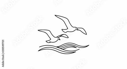Two birds flying over stylized waves