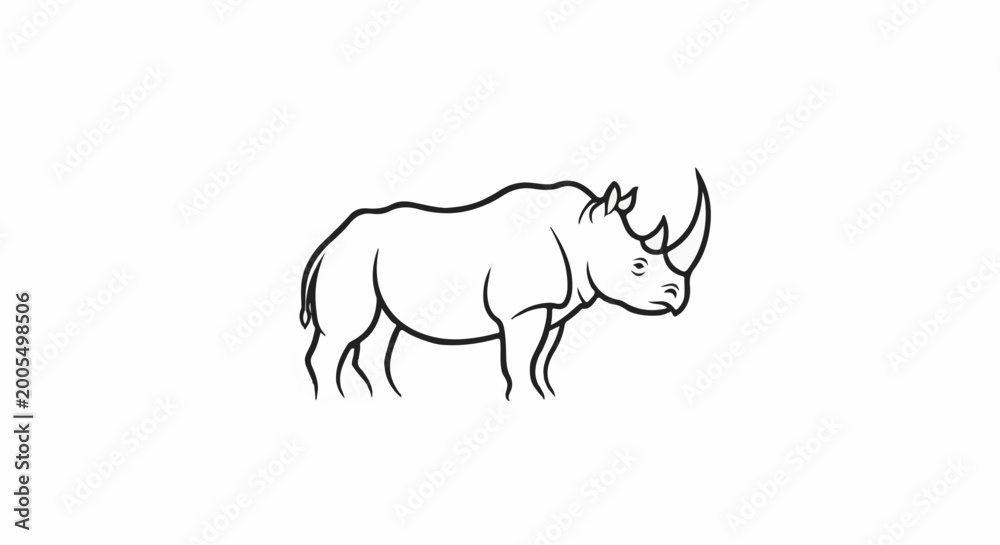 Fototapeta premium A stark black outline of a rhinoceros stands on a plain white background