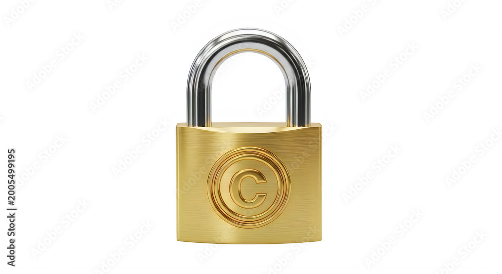 Naklejka premium Secure copyright protection symbolized by golden padlock with copyright sign isolated transparent background