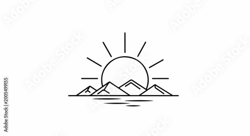 Minimalist drawing of a sun rising over mountains and water