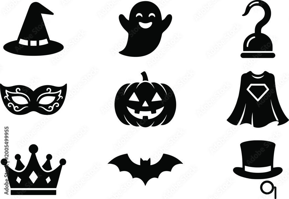 Obraz premium Set of nine black silhouette featuring a witch hat ghost pirate hook masquerade mask jack o lantern superhero cape crown bat and hat with monocle on a white background