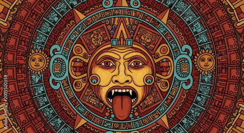 Stylized Aztec Sun Stone calendar with a central face and radiating sun symbols.