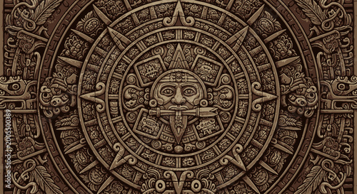 Photos Detailed Aztec calendar stone carving with weathered texture.