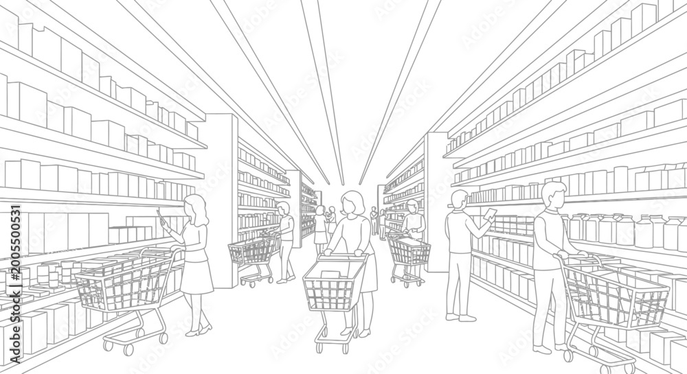 Εκτύπωση καμβά People shopping in a supermarket aisle with shopping carts, line art illustration