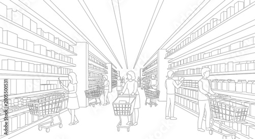 Fotografie People shopping in a supermarket aisle with shopping carts, line art illustration