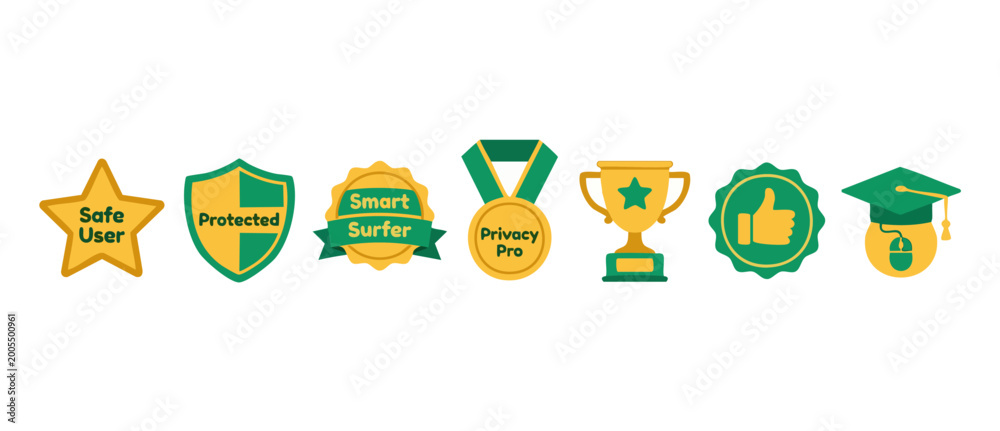 Naklejka premium Cybersecurity and Digital Safety Badges Set for Web Design, Featuring Privacy Protection Shields, Gold Medals, and User Verification Icons for Secure Online Browsing and Internet Education Concepts