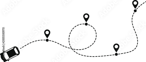 Tableau sur toile Car following a dashed navigation route with multiple location pins