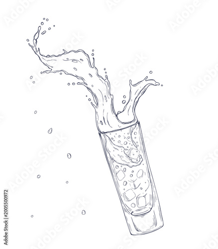 Glass with splashing liquid and ice cube monochrome vector isolated illustration. Hand drawn cocktail or refreshing drink. Line art style beverage drawing for menu design and restaurant advertising