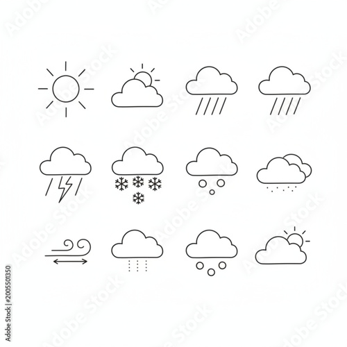 Foto Hand drawn weather forecast icons set with sun rain snow and clouds minimalist l