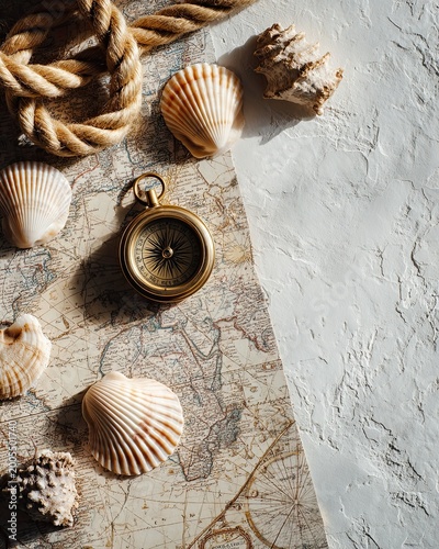 Vintage Nautical Compass and Seashells on Antique Map Background
