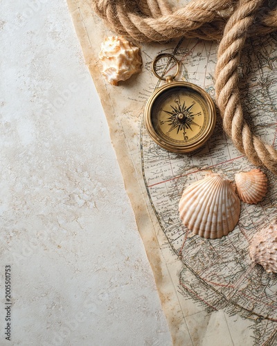 Vintage Nautical Compass and Seashells on Antique Map Background