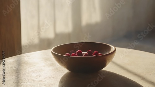 A wooden bowl filled with raspberries sits on a light beige table, bathed in sunlight filtering through sheer curtains
