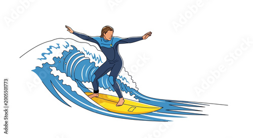 Bild auf Leinwand Surfer riding a wave in a wetsuit on a yellow surfboard.