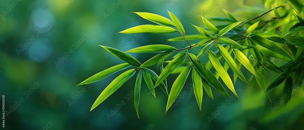 Obraz premium Detailed view of lush green bamboo leaves with soft bokeh background.