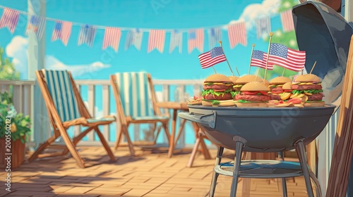 Summer Barbecue Party on Outdoor Deck with Festive Bunting