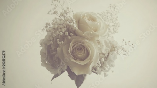 Delicate, light-toned bouquet of roses and small blossoms