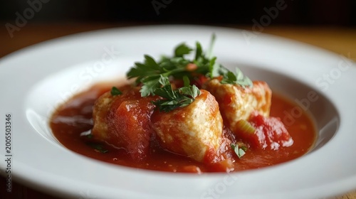 White food pieces in tomato sauce, garnished with parsley, served on a white plate