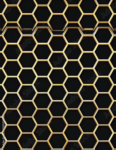 A black background with a repeating pattern of golden hexagons