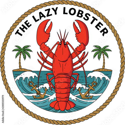 The lazy lobster emblem featuring a red crustacean centered over blue ocean waves with palm trees on islands and two golden anchors framed by a thick brown rope border