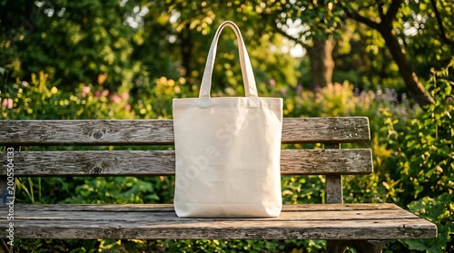 Blank Natural Canvas Tote Bag on Rustic Wooden Bench in Green Park