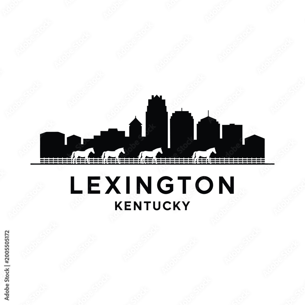 Fototapeta premium Lexington Kentucky Skyline Silhouette with Horses on White Background