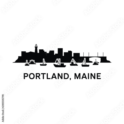 portland maine skyline silhouette with boats on white background