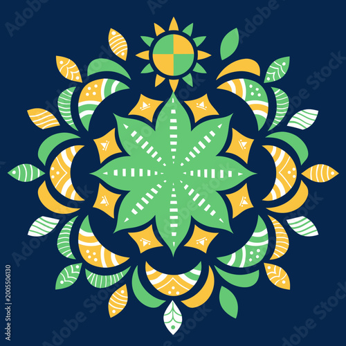 Floral Mandala Emblem on Dark Blue Background