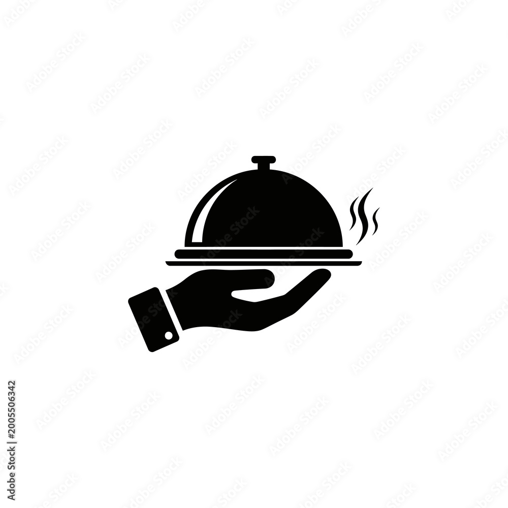 Fototapeta premium Black silhouette icon of a hand holding a serving tray with a cloche cover and steam lines, representing hot food service. Vector illustration isolated on white background.