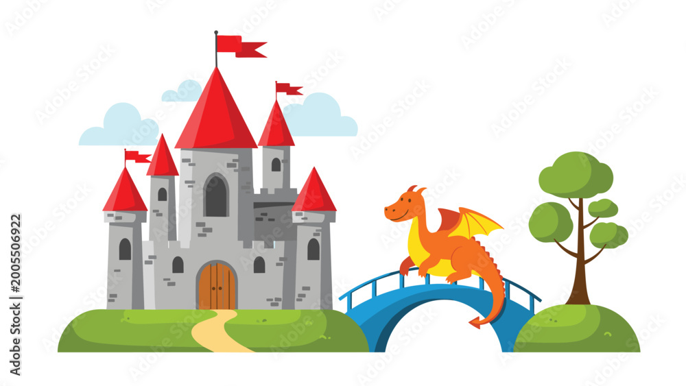 Fototapeta premium Majestic cartoon castle with red roofs and flags stands proudly, while a friendly orange dragon crosses a blue bridge.