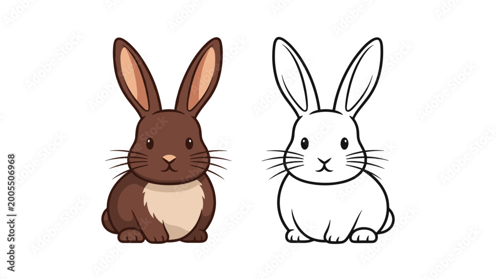 Obraz premium Adorable brown rabbit with soft fur is depicted alongside its black-and-white outline drawing, perfect for coloring.