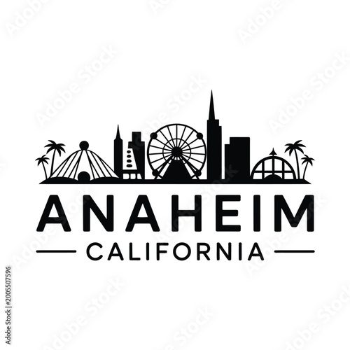 Anaheim California skyline silhouette with palm trees and ferris wheel