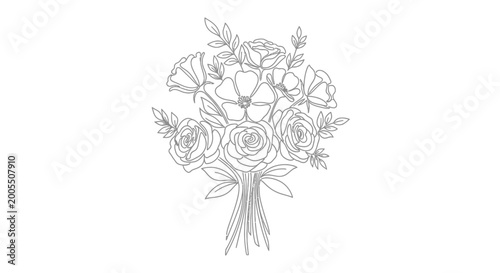 Minimalist floral bouquet line art drawing of roses and wild flowers.